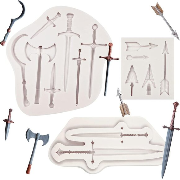 Sword Silicone Molds 3 Pcs, Weapon Ax Fondant Mold for Cake Decorating, Candy Ch - Picture 1 of 7